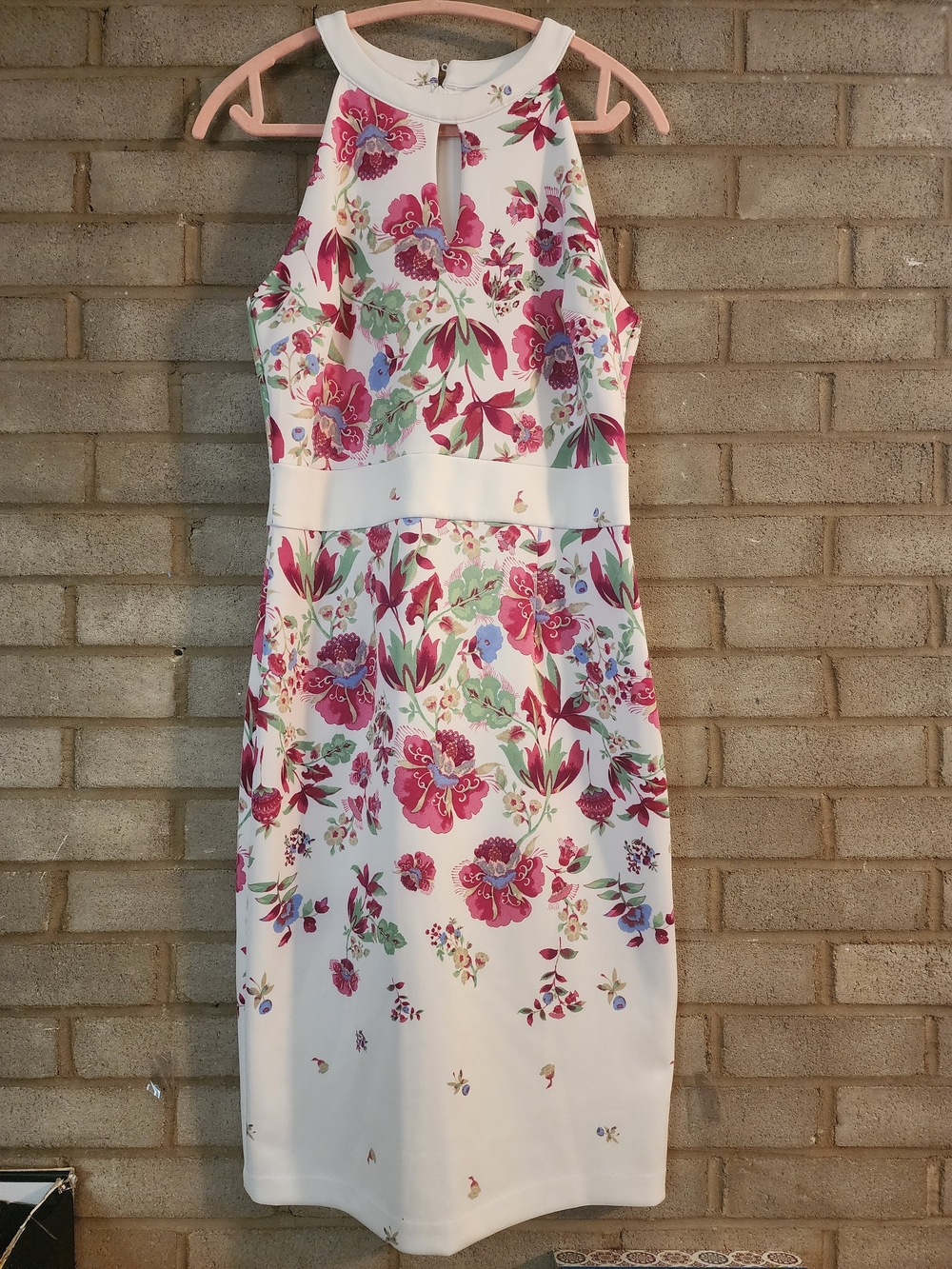 NY& Company Floral Halter Sheath Dress in White with Pink & Green